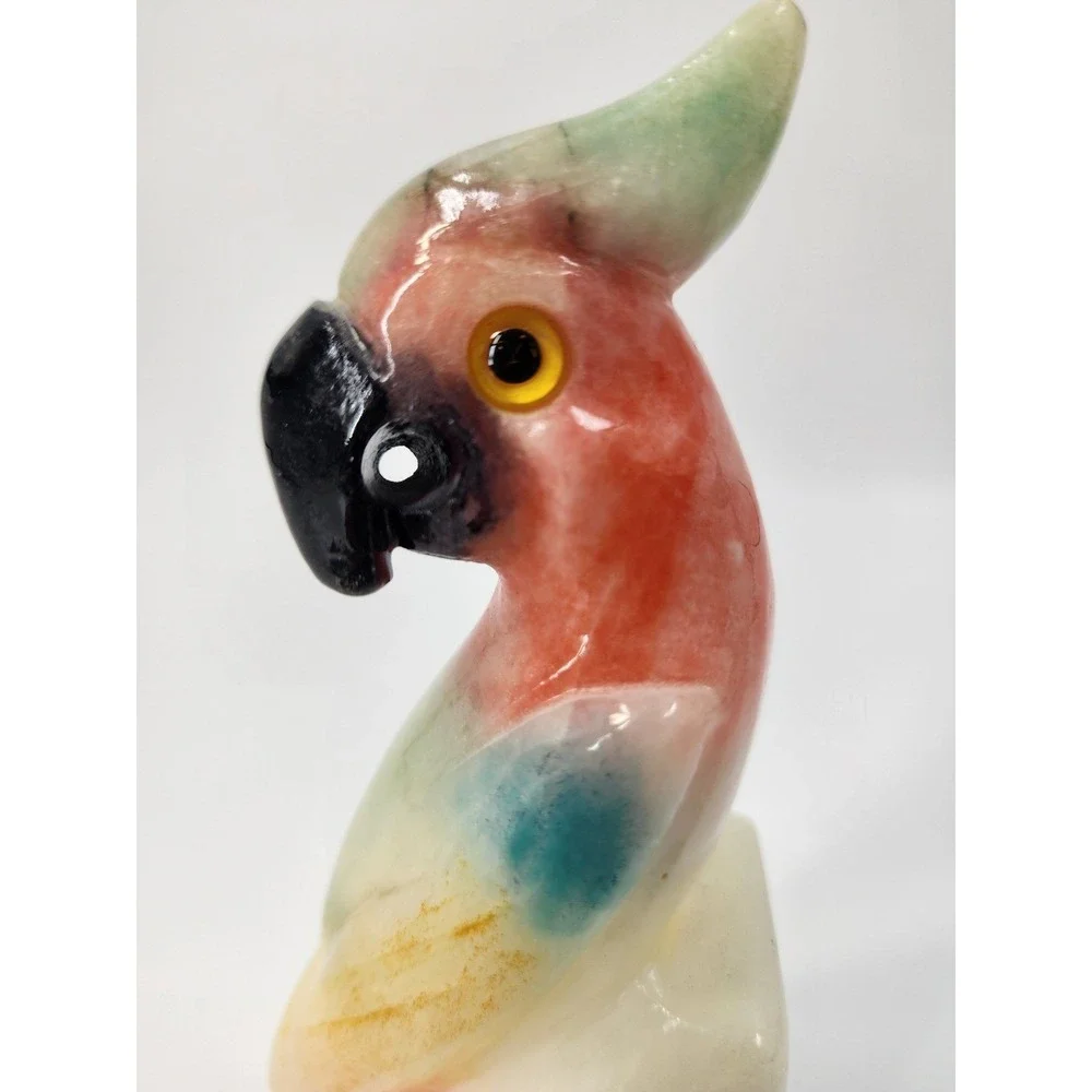 Vintage Hand Carved Onyx Stone Parrot Figurine Multi Color Bird Sculpture 5.5
